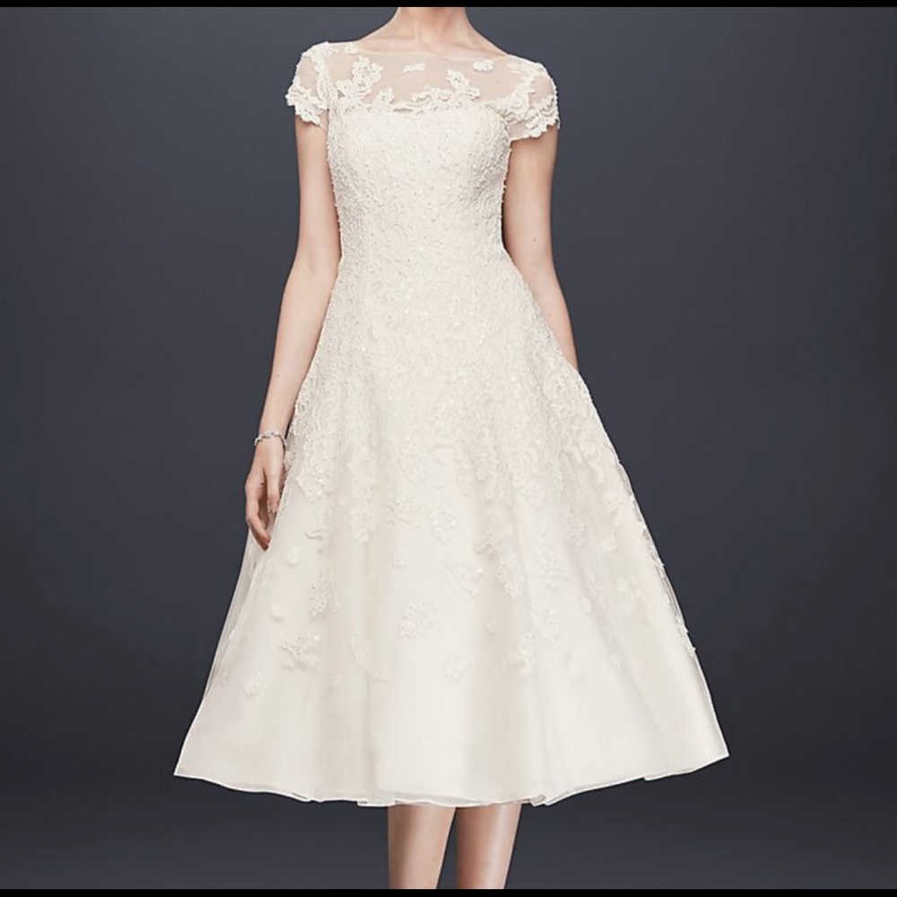 Wedding Illusion Neckline, Cap Sleeve Tea Length